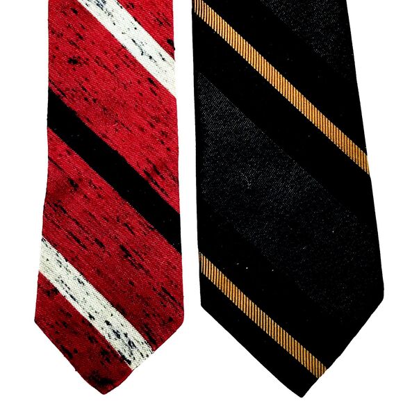 Beau Brummell Ties 2 Vtg Slim Skinny Striped Silk Rayon Red Brown Vegas Preppy - Picture 1 of 12